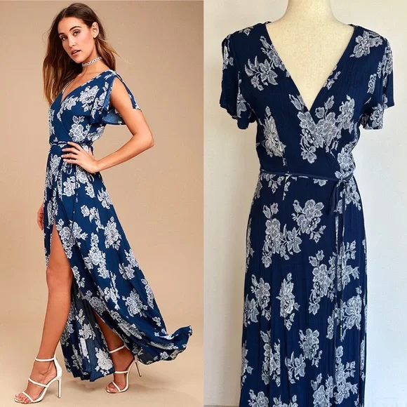 Heart of marigold navy blue deals floral print wrap maxi dress